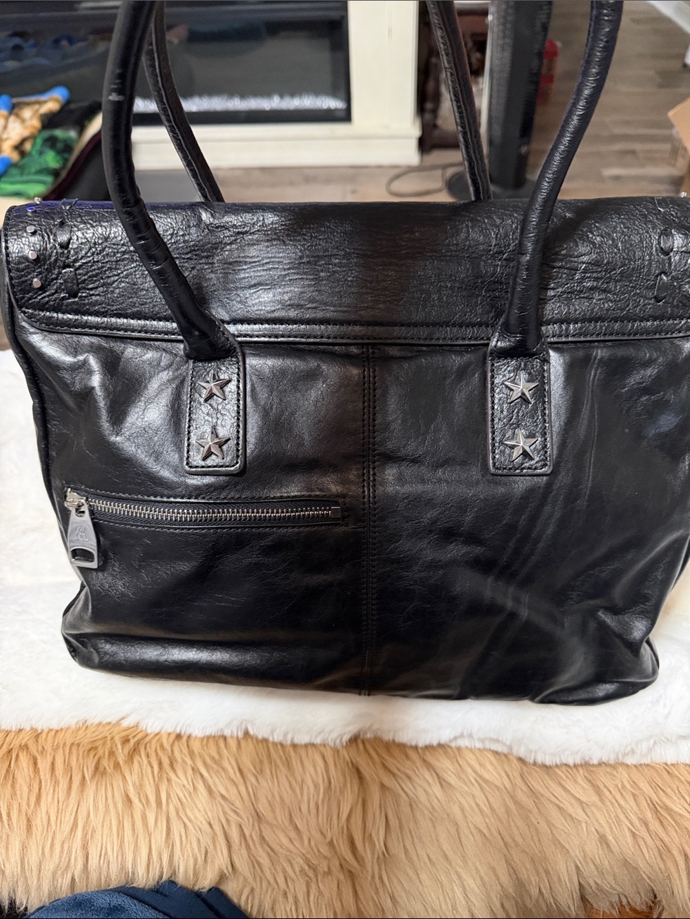 Aimee Kestenberg Black Leather American Flag Tote Bag Studded Satchel Handbag - Picture 2 of 13